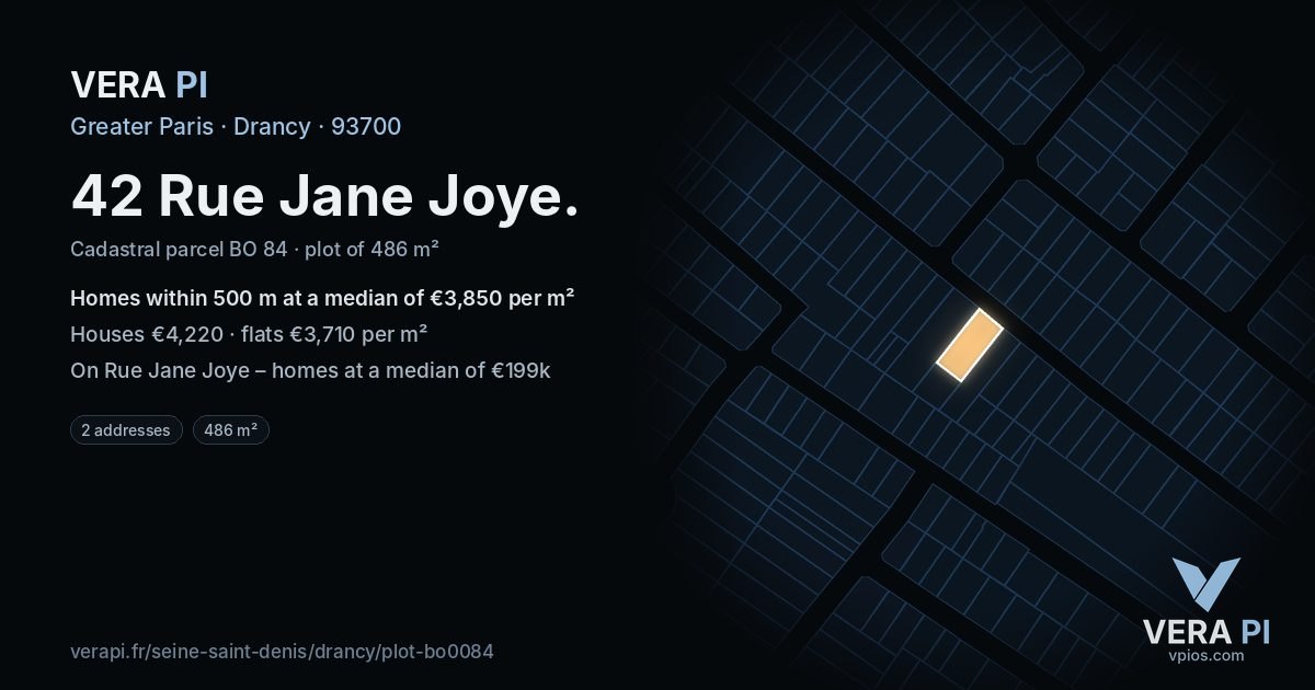 42 Rue Jane Joye, Drancy at night – the plot lit, the parcels around coloured by the prices near them