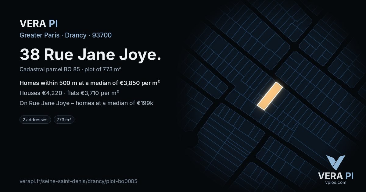 38 Rue Jane Joye, Drancy at night – the plot lit, the parcels around coloured by the prices near them