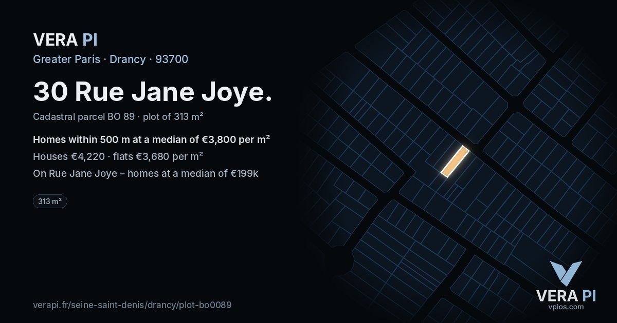 30 Rue Jane Joye, Drancy at night – the plot lit, the parcels around coloured by the prices near them