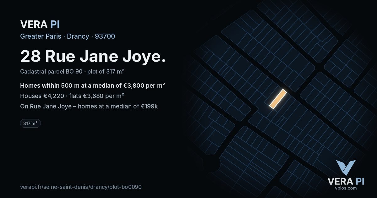 28 Rue Jane Joye, Drancy at night – the plot lit, the parcels around coloured by the prices near them