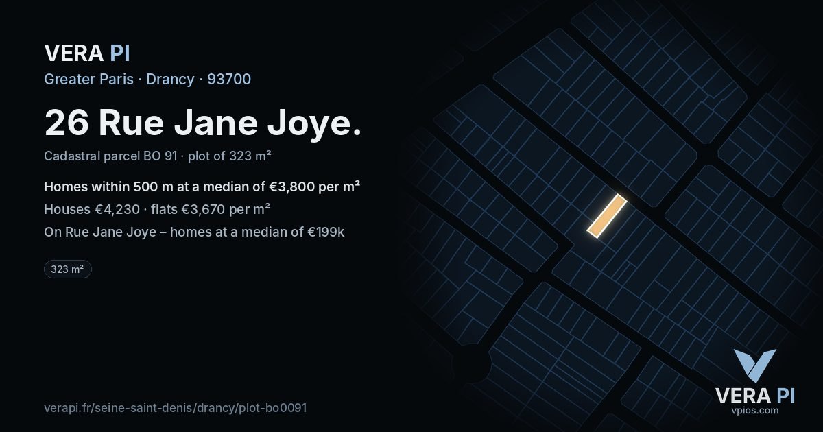 26 Rue Jane Joye, Drancy at night – the plot lit, the parcels around coloured by the prices near them