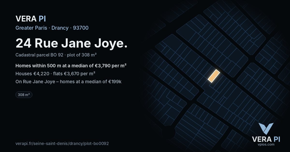 24 Rue Jane Joye, Drancy at night – the plot lit, the parcels around coloured by the prices near them