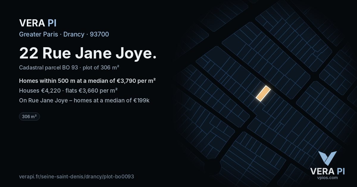 22 Rue Jane Joye, Drancy at night – the plot lit, the parcels around coloured by the prices near them