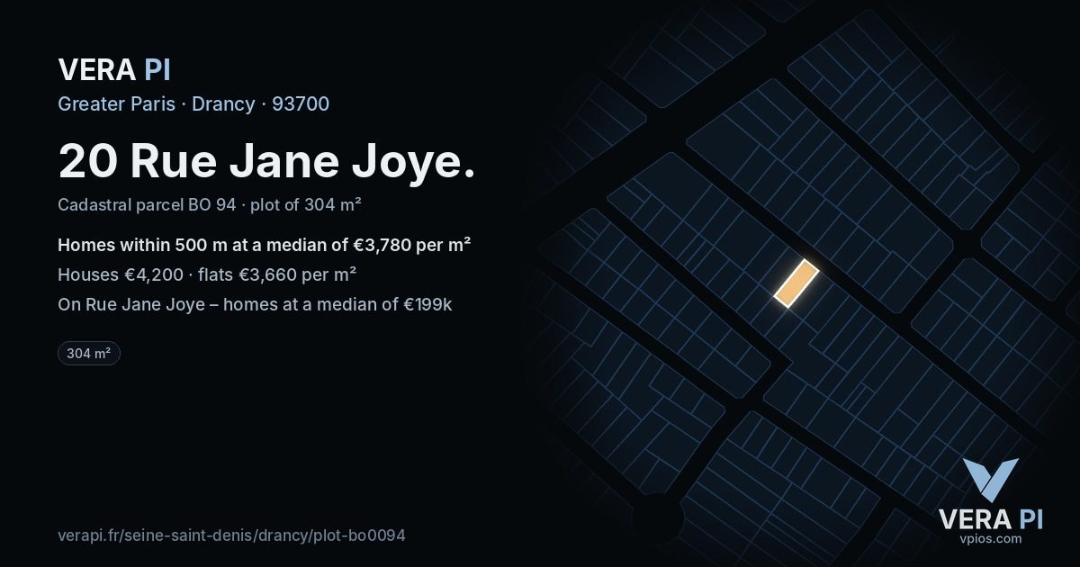 20 Rue Jane Joye, Drancy at night – the plot lit, the parcels around coloured by the prices near them