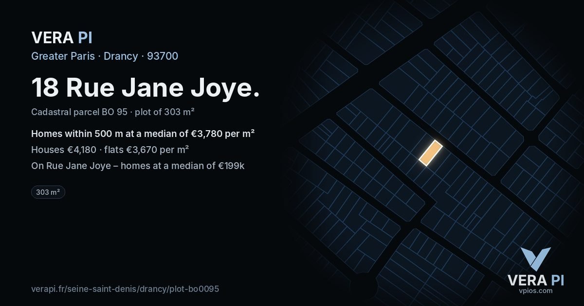 18 Rue Jane Joye, Drancy at night – the plot lit, the parcels around coloured by the prices near them