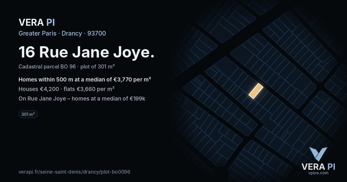 16 Rue Jane Joye, Drancy at night – the plot lit, the parcels around coloured by the prices near them