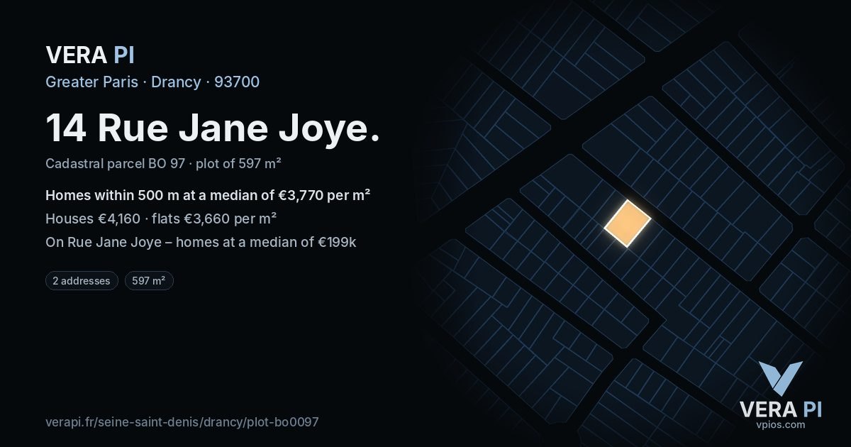 14 Rue Jane Joye, Drancy at night – the plot lit, the parcels around coloured by the prices near them