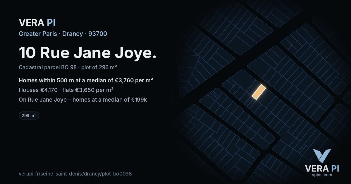 10 Rue Jane Joye, Drancy at night – the plot lit, the parcels around coloured by the prices near them