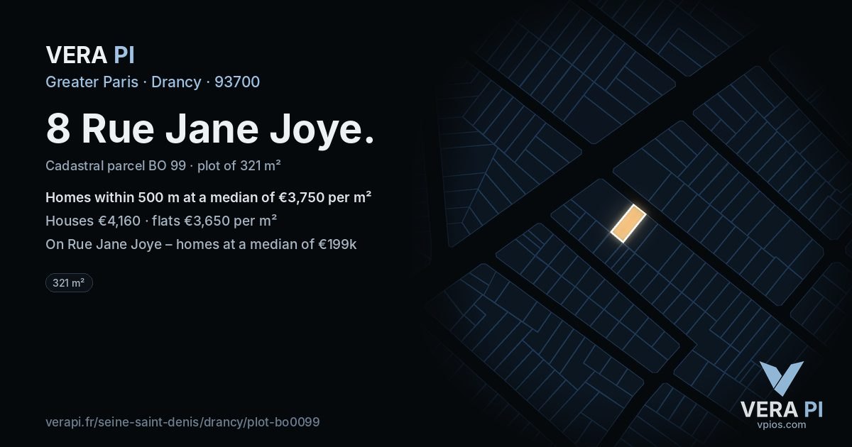 8 Rue Jane Joye, Drancy at night – the plot lit, the parcels around coloured by the prices near them