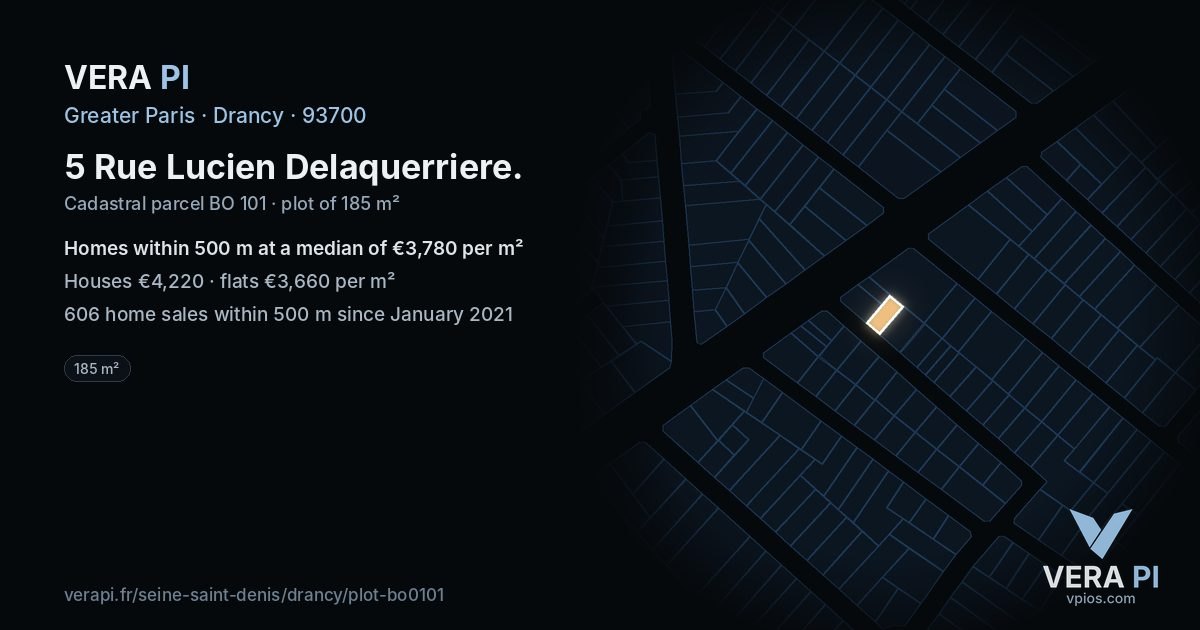 5 Rue Lucien Delaquerriere, Drancy at night – the plot lit, the parcels around coloured by the prices near them