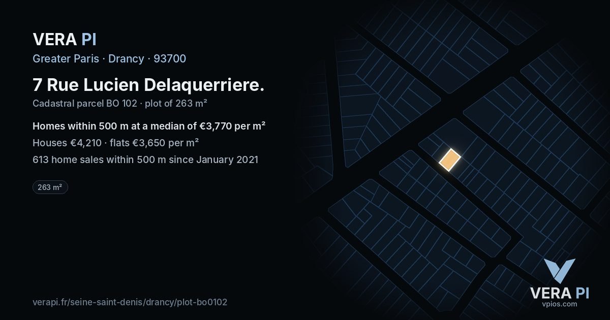 7 Rue Lucien Delaquerriere, Drancy at night – the plot lit, the parcels around coloured by the prices near them