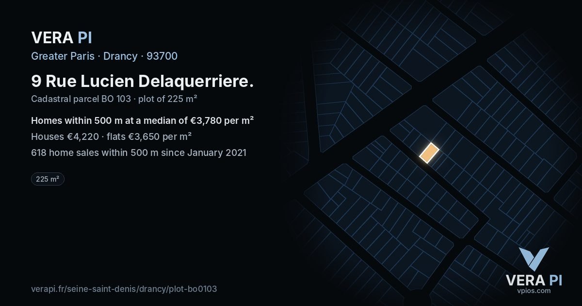 9 Rue Lucien Delaquerriere, Drancy at night – the plot lit, the parcels around coloured by the prices near them