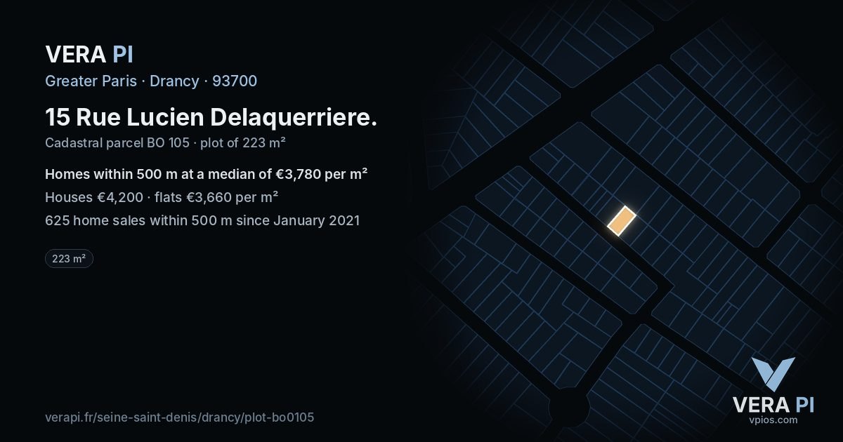 15 Rue Lucien Delaquerriere, Drancy at night – the plot lit, the parcels around coloured by the prices near them