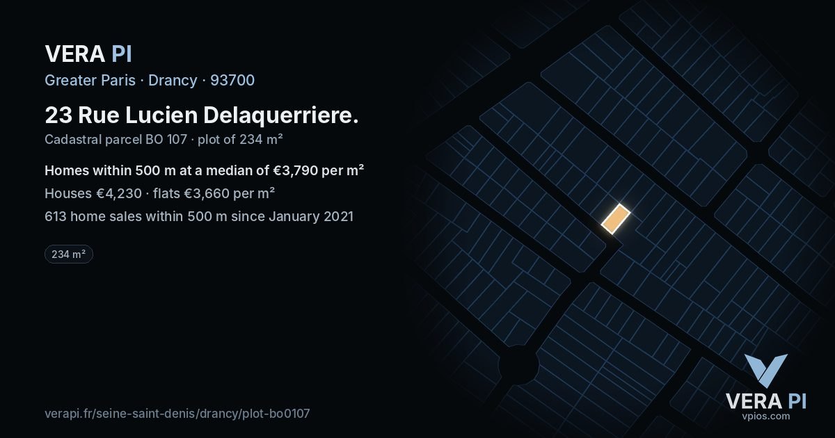 23 Rue Lucien Delaquerriere, Drancy at night – the plot lit, the parcels around coloured by the prices near them