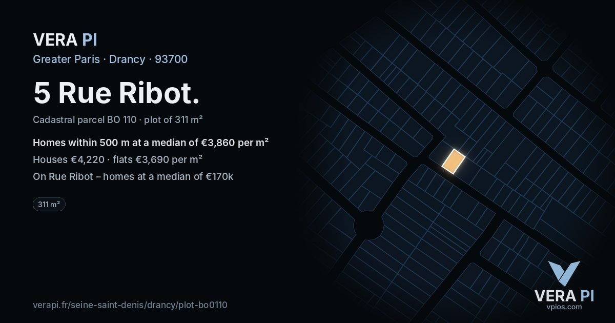 5 Rue Ribot, Drancy at night – the plot lit, the parcels around coloured by the prices near them