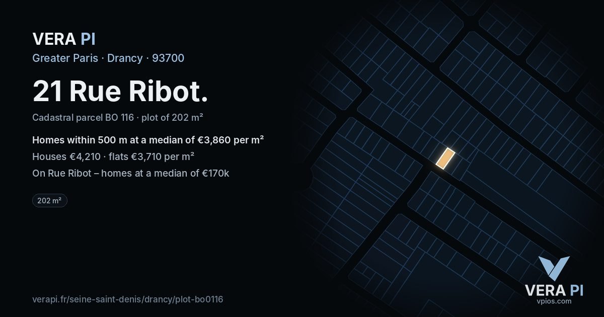 21 Rue Ribot, Drancy at night – the plot lit, the parcels around coloured by the prices near them