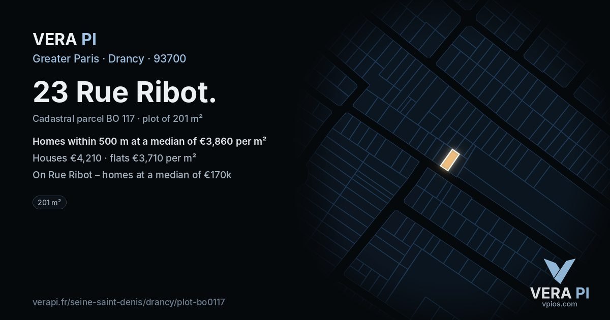 23 Rue Ribot, Drancy at night – the plot lit, the parcels around coloured by the prices near them