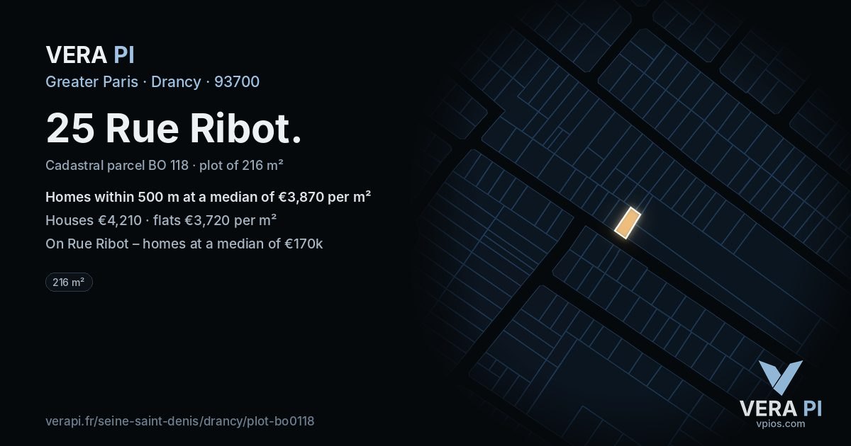 25 Rue Ribot, Drancy at night – the plot lit, the parcels around coloured by the prices near them