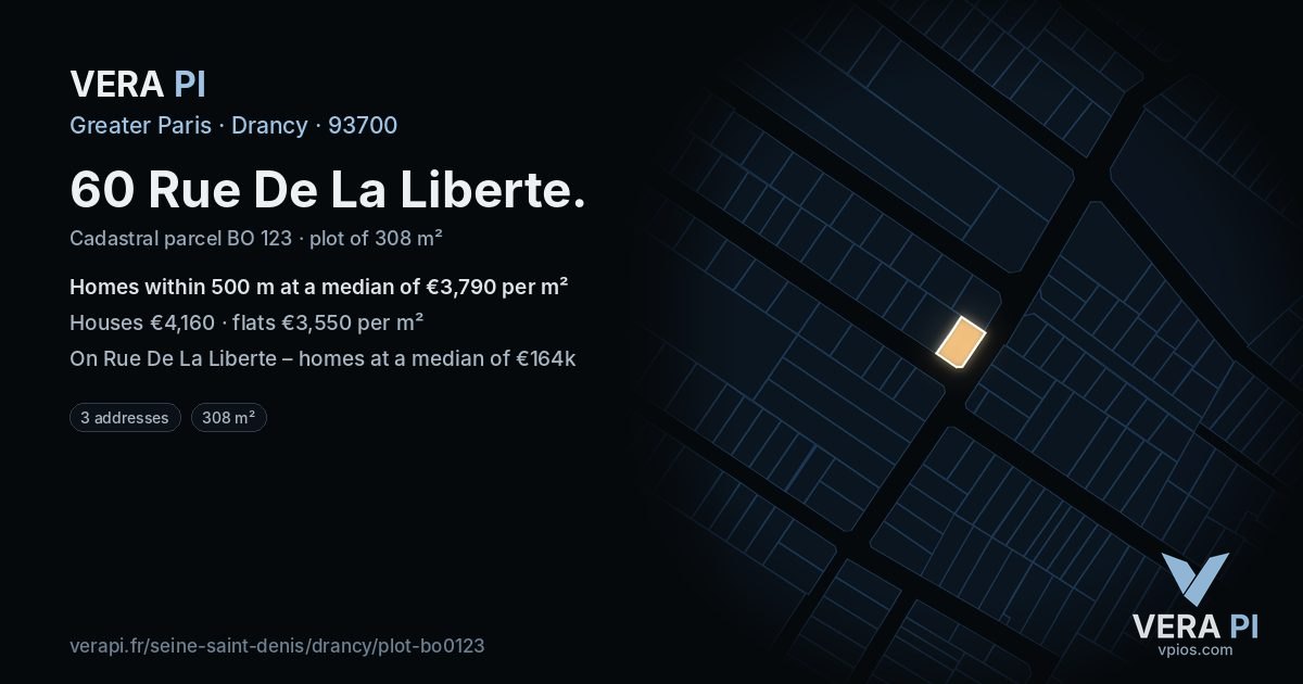 60 Rue De La Liberte, Drancy at night – the plot lit, the parcels around coloured by the prices near them