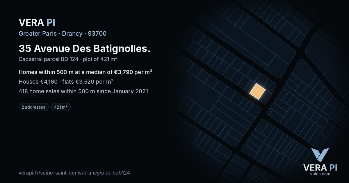 35 Avenue Des Batignolles, Drancy at night – the plot lit, the parcels around coloured by the prices near them