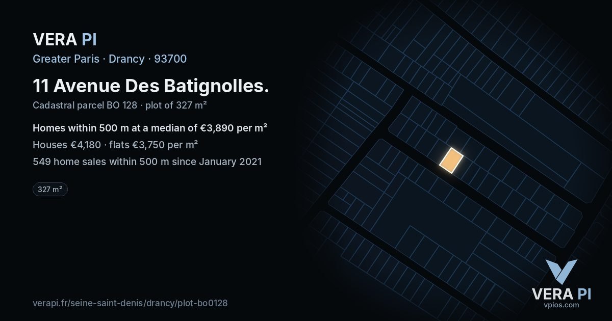 11 Avenue Des Batignolles, Drancy at night – the plot lit, the parcels around coloured by the prices near them