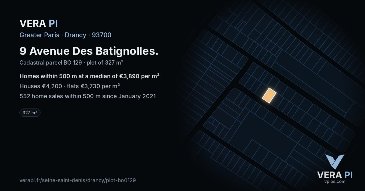 9 Avenue Des Batignolles, Drancy at night – the plot lit, the parcels around coloured by the prices near them