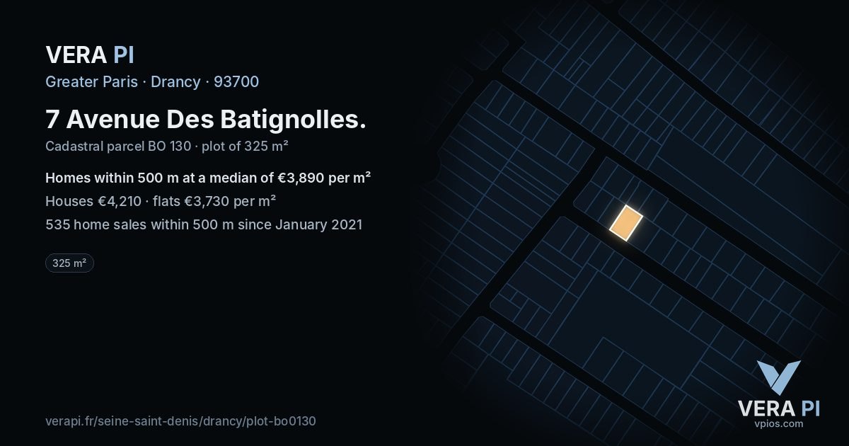 7 Avenue Des Batignolles, Drancy at night – the plot lit, the parcels around coloured by the prices near them