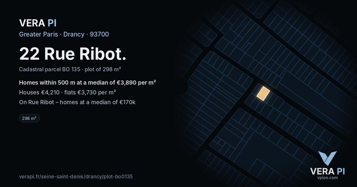 22 Rue Ribot, Drancy at night – the plot lit, the parcels around coloured by the prices near them