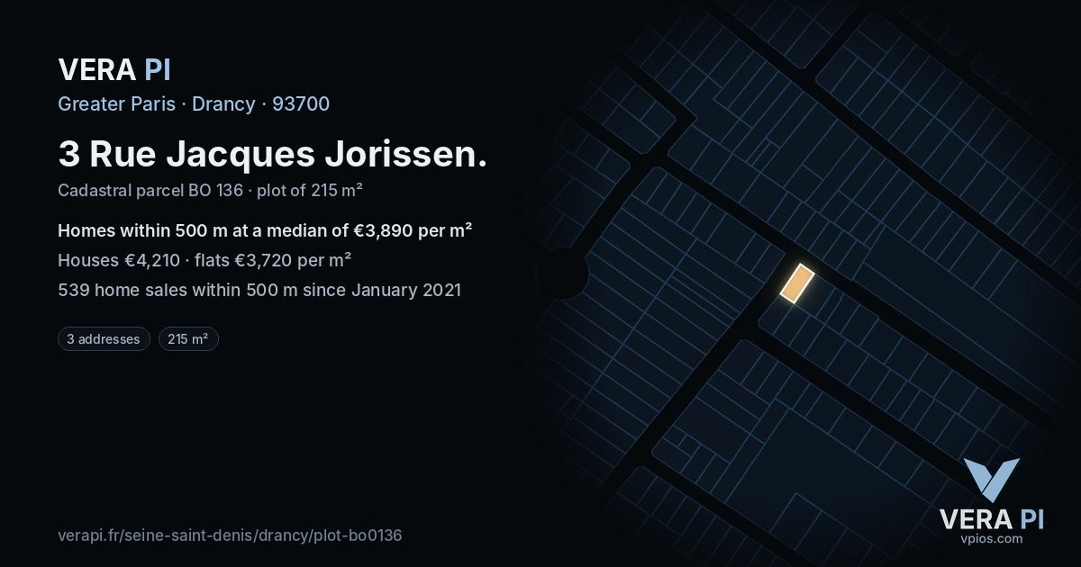 3 Rue Jacques Jorissen, Drancy at night – the plot lit, the parcels around coloured by the prices near them