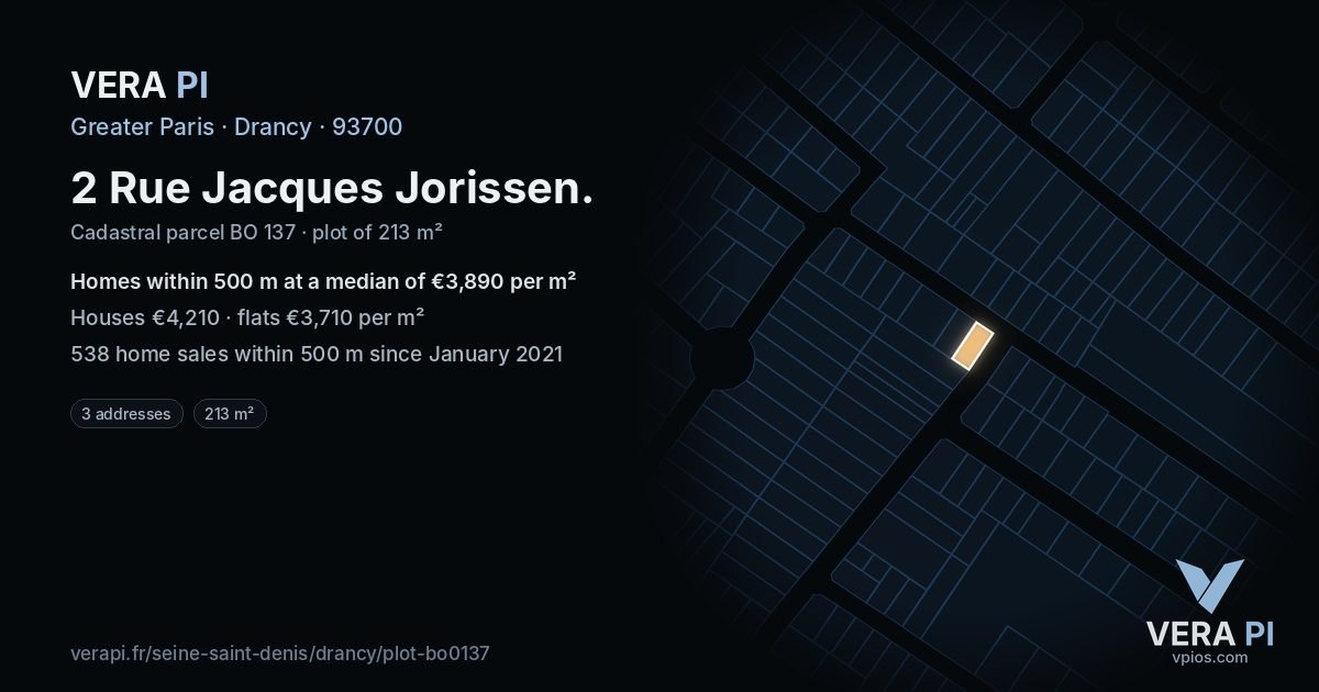 2 Rue Jacques Jorissen, Drancy at night – the plot lit, the parcels around coloured by the prices near them