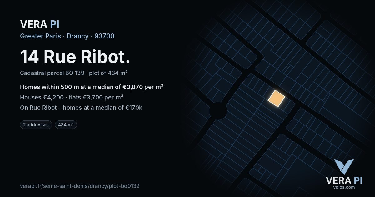 14 Rue Ribot, Drancy at night – the plot lit, the parcels around coloured by the prices near them