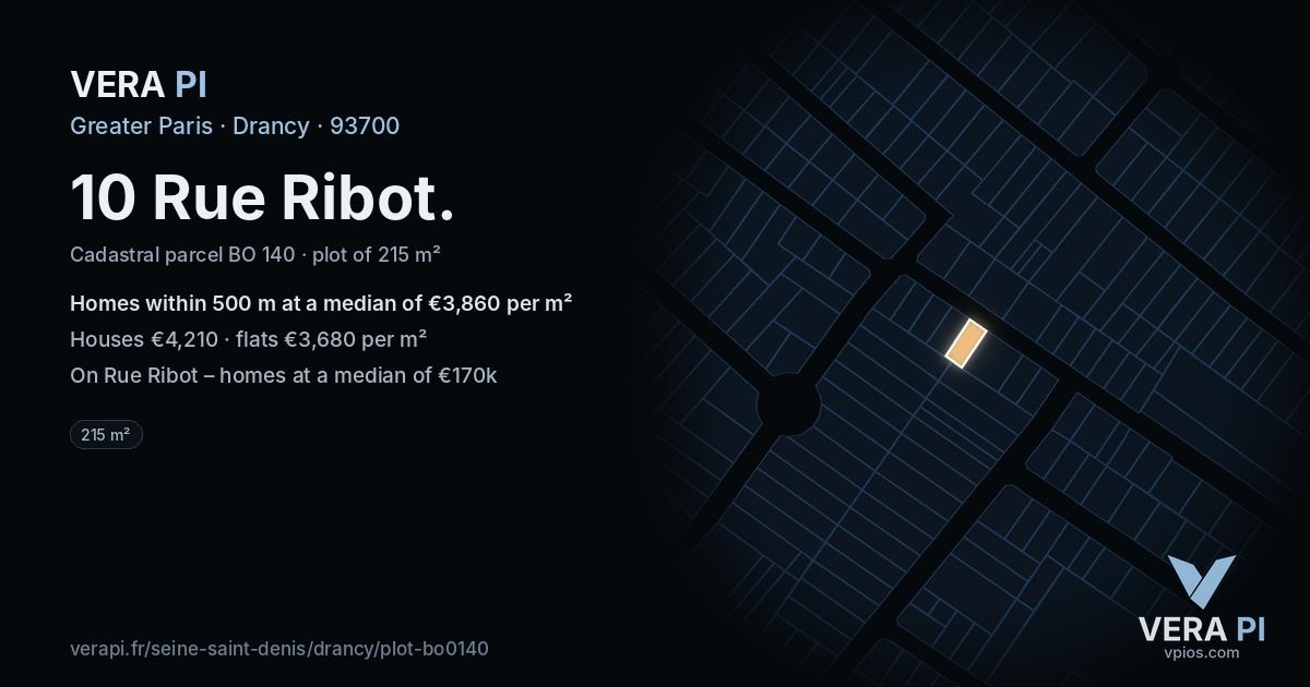 10 Rue Ribot, Drancy at night – the plot lit, the parcels around coloured by the prices near them