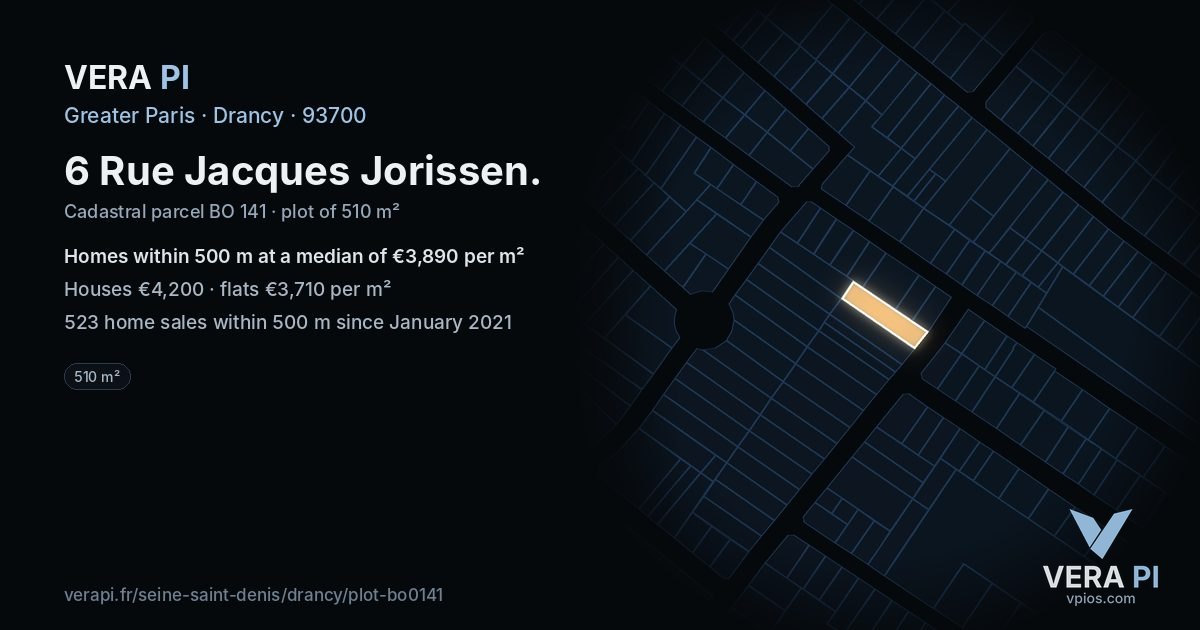 6 Rue Jacques Jorissen, Drancy at night – the plot lit, the parcels around coloured by the prices near them