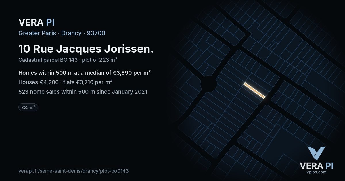 10 Rue Jacques Jorissen, Drancy at night – the plot lit, the parcels around coloured by the prices near them