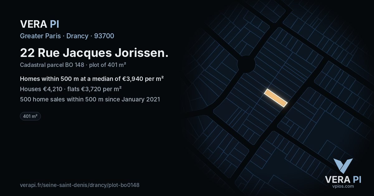 22 Rue Jacques Jorissen, Drancy at night – the plot lit, the parcels around coloured by the prices near them