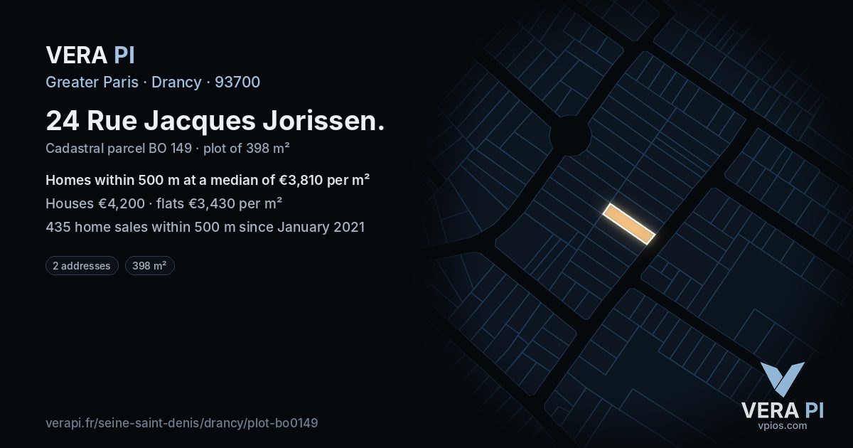 24 Rue Jacques Jorissen, Drancy at night – the plot lit, the parcels around coloured by the prices near them