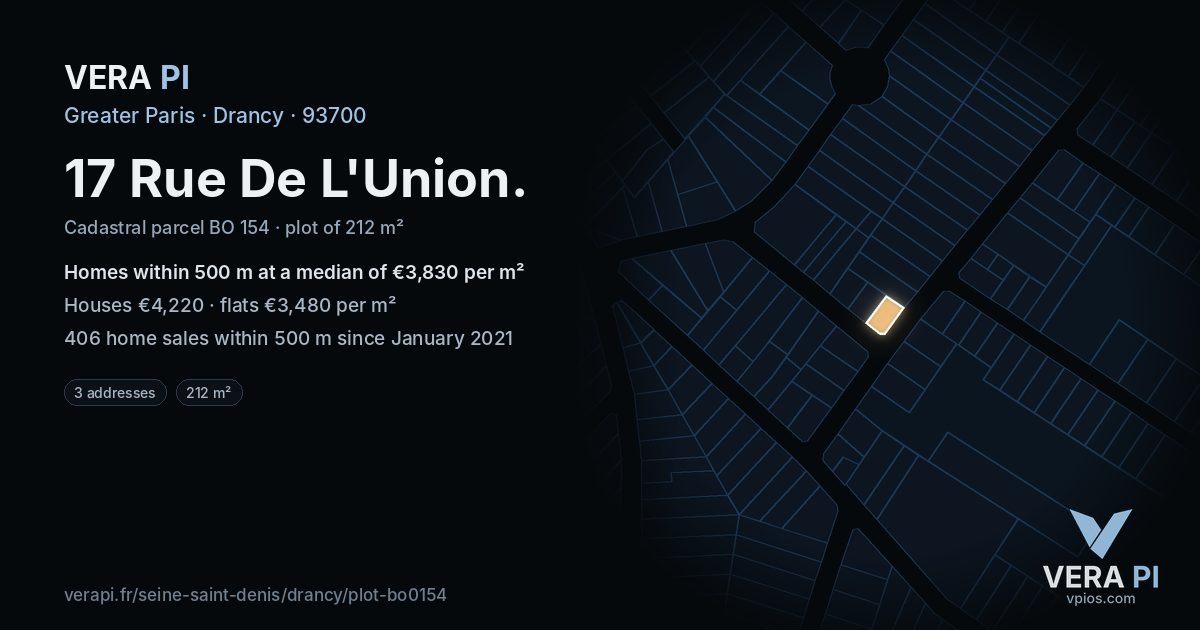 17 Rue De L'Union, Drancy at night – the plot lit, the parcels around coloured by the prices near them