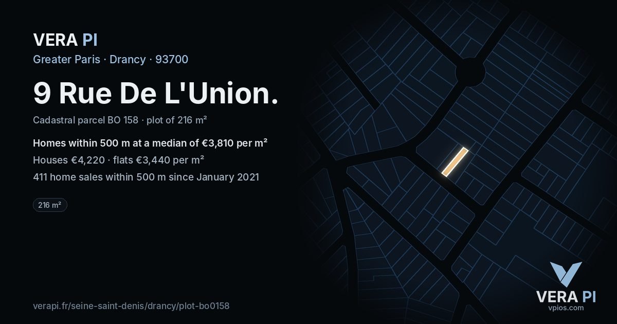 9 Rue De L'Union, Drancy at night – the plot lit, the parcels around coloured by the prices near them