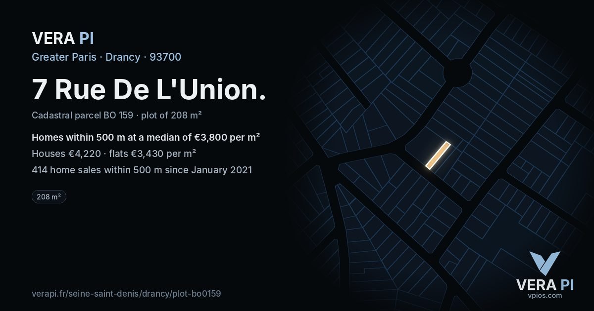 7 Rue De L'Union, Drancy at night – the plot lit, the parcels around coloured by the prices near them