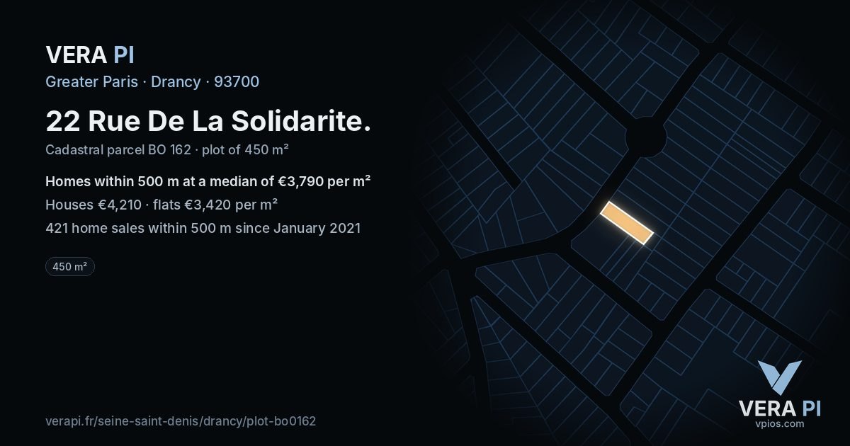 22 Rue De La Solidarite, Drancy at night – the plot lit, the parcels around coloured by the prices near them