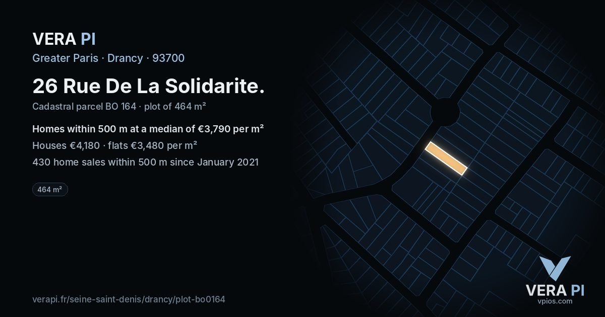 26 Rue De La Solidarite, Drancy at night – the plot lit, the parcels around coloured by the prices near them