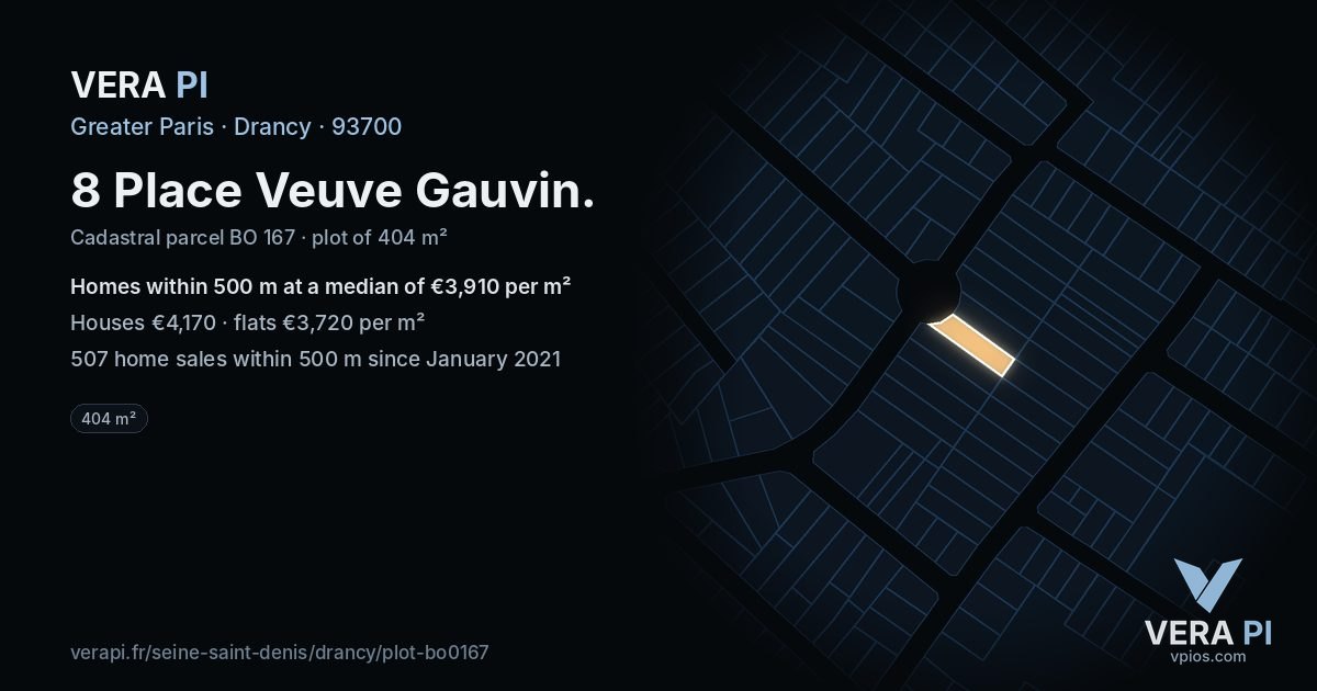 8 Place Veuve Gauvin, Drancy at night – the plot lit, the parcels around coloured by the prices near them