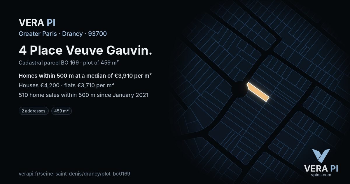 4 Place Veuve Gauvin, Drancy at night – the plot lit, the parcels around coloured by the prices near them
