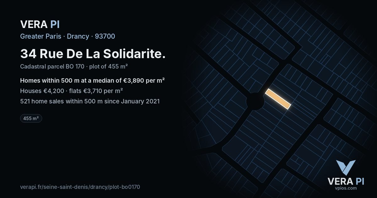 34 Rue De La Solidarite, Drancy at night – the plot lit, the parcels around coloured by the prices near them