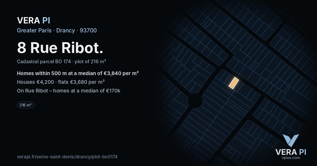 8 Rue Ribot, Drancy at night – the plot lit, the parcels around coloured by the prices near them