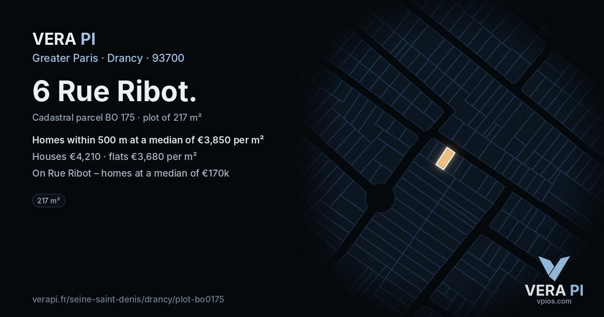 6 Rue Ribot, Drancy at night – the plot lit, the parcels around coloured by the prices near them