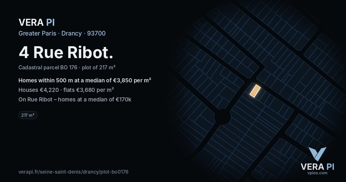 4 Rue Ribot, Drancy at night – the plot lit, the parcels around coloured by the prices near them