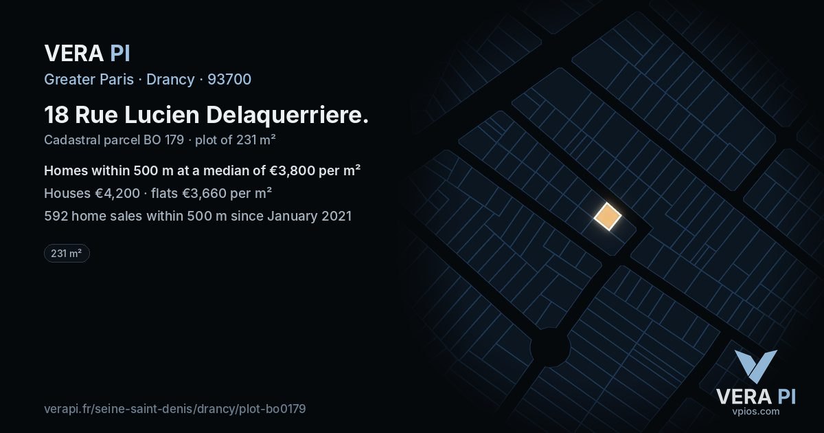 18 Rue Lucien Delaquerriere, Drancy at night – the plot lit, the parcels around coloured by the prices near them