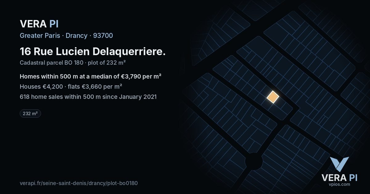 16 Rue Lucien Delaquerriere, Drancy at night – the plot lit, the parcels around coloured by the prices near them