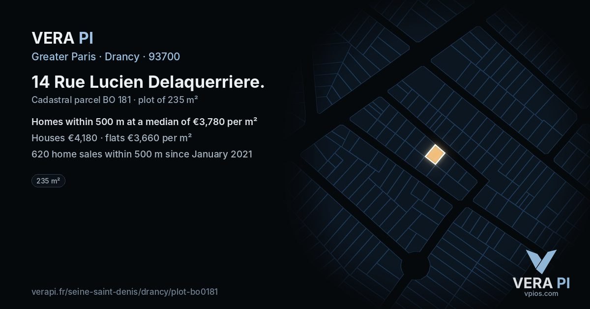 14 Rue Lucien Delaquerriere, Drancy at night – the plot lit, the parcels around coloured by the prices near them